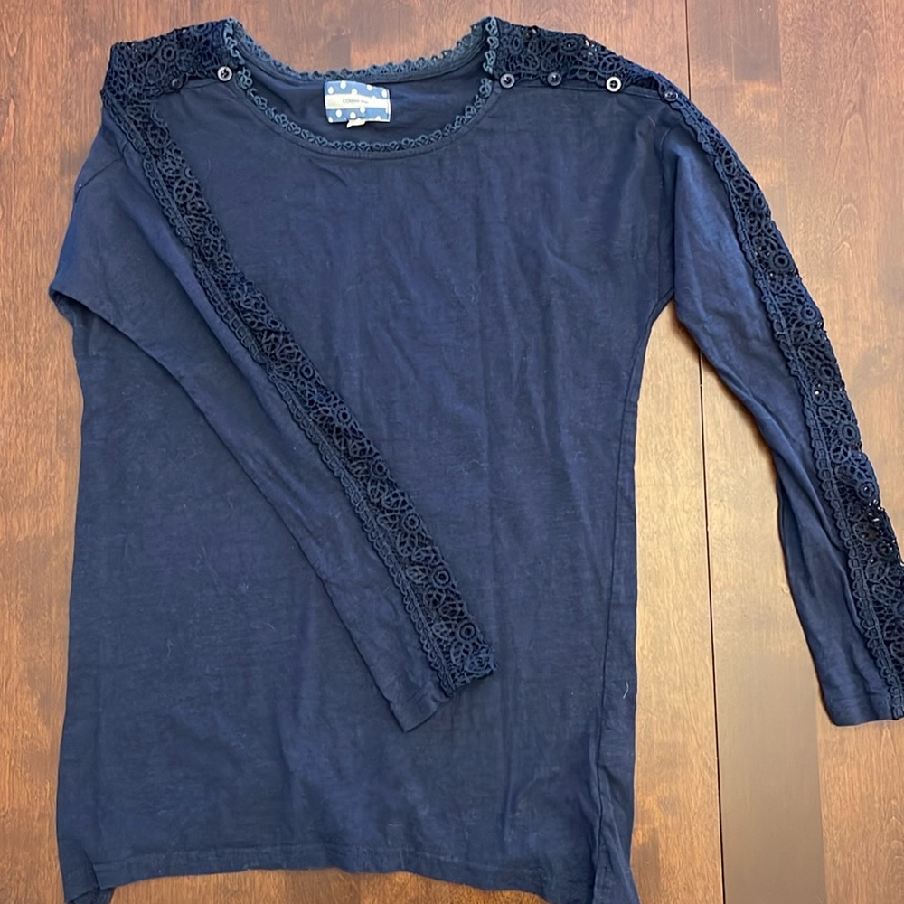 Comme Tol Navy Blue Crochet Lace Long Sleeve Top Women’s Size Medium